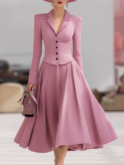 Elegant Pink Tweed Lapel Coat And Skirt Set