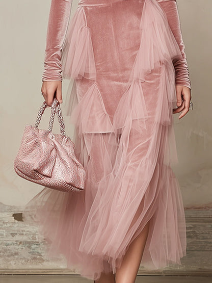 Elegant And Gentle Pink Velvet Organza Trimmed Maxi Dress