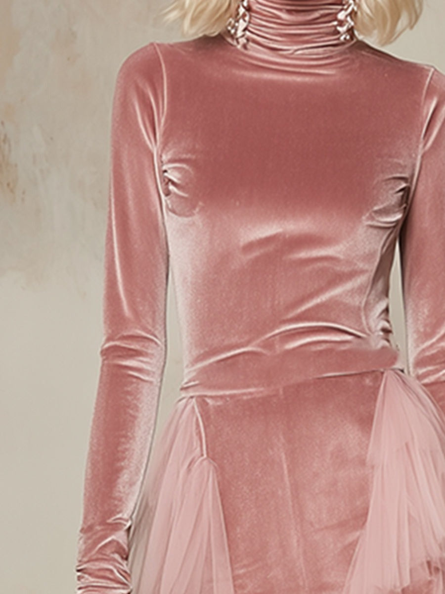 Elegant And Gentle Pink Velvet Organza Trimmed Maxi Dress