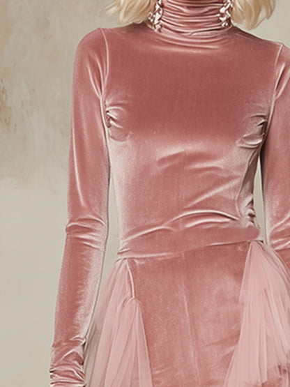 Elegant And Gentle Pink Velvet Organza Trimmed Maxi Dress