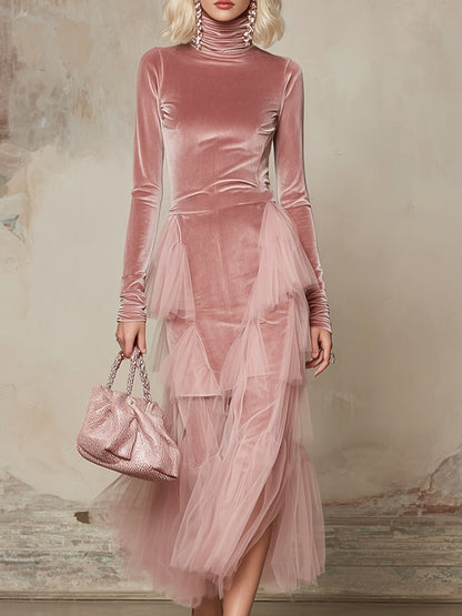 Elegant And Gentle Pink Velvet Organza Trimmed Maxi Dress