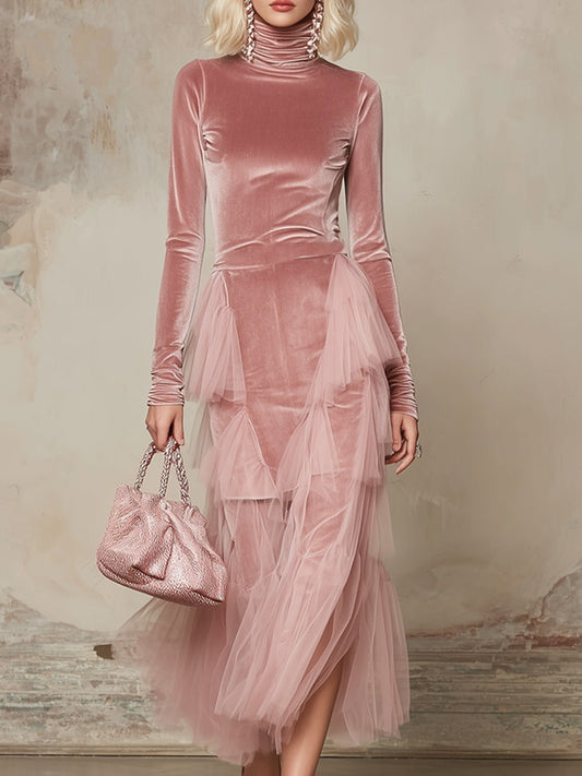Elegant And Gentle Pink Velvet Organza Trimmed Maxi Dress