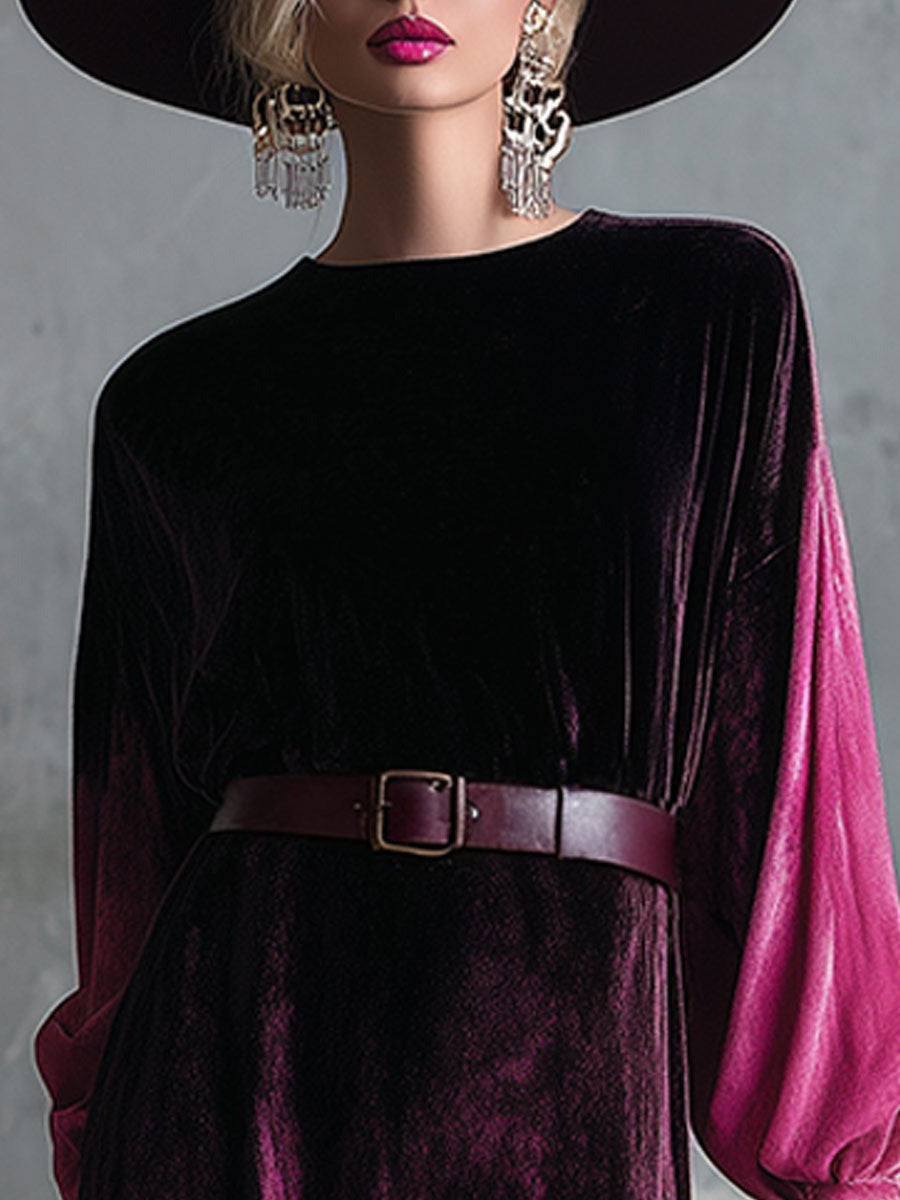 Elegant And Loose-fitting Black And Pink Gradient Velvet Maxi Dress