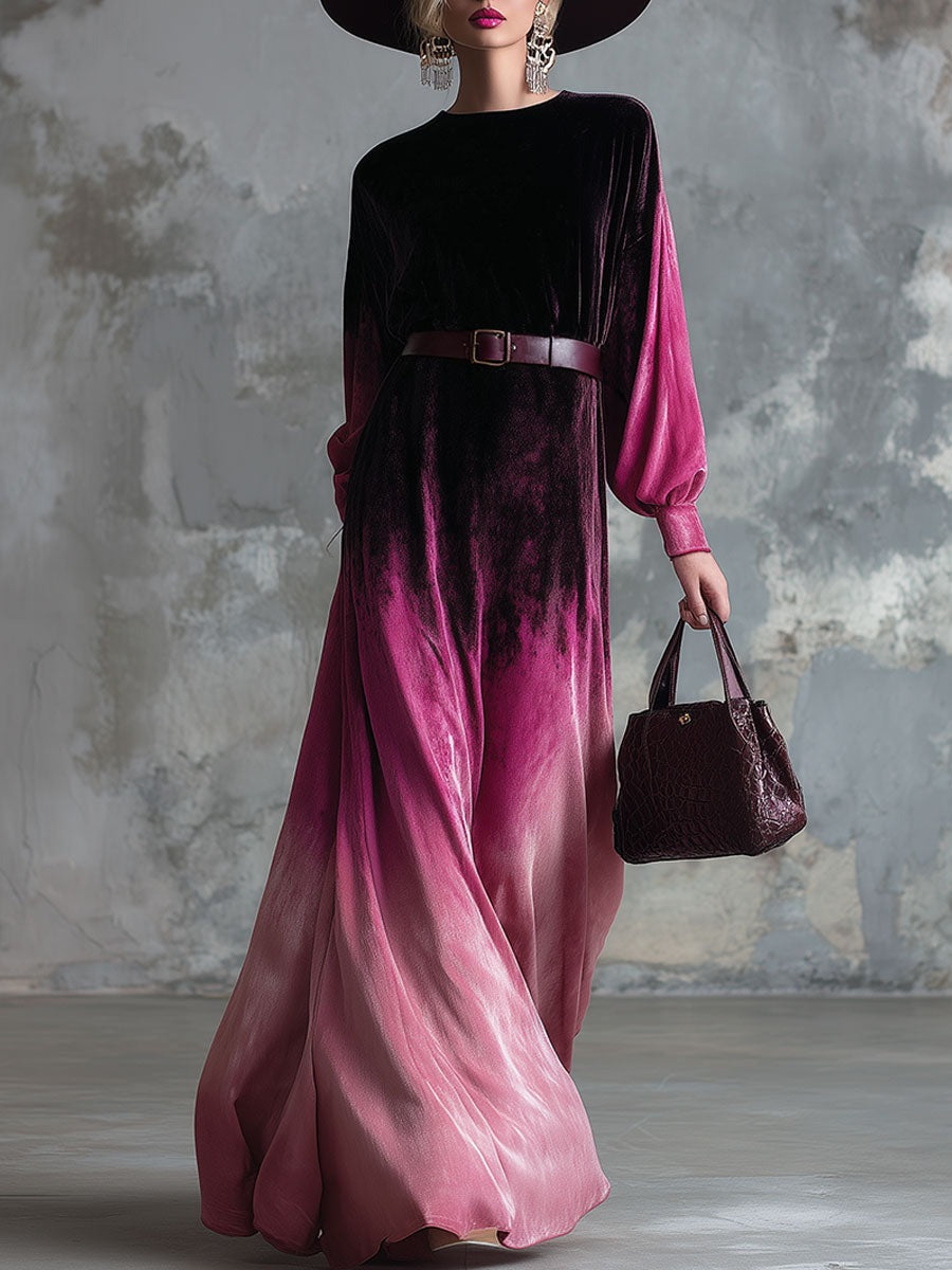 Elegant And Loose-fitting Black And Pink Gradient Velvet Maxi Dress