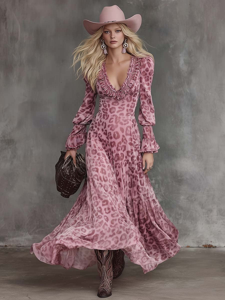 Retro Elegant Ruffled V-neck Puff Hem Pink Leopard Print Chiffon Maxi Dress