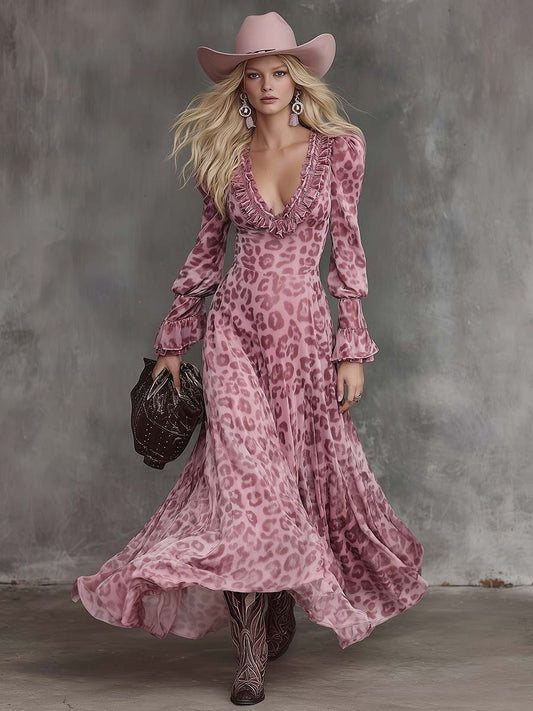 Retro Elegant Ruffled V-neck Puff Hem Pink Leopard Print Chiffon Maxi Dress