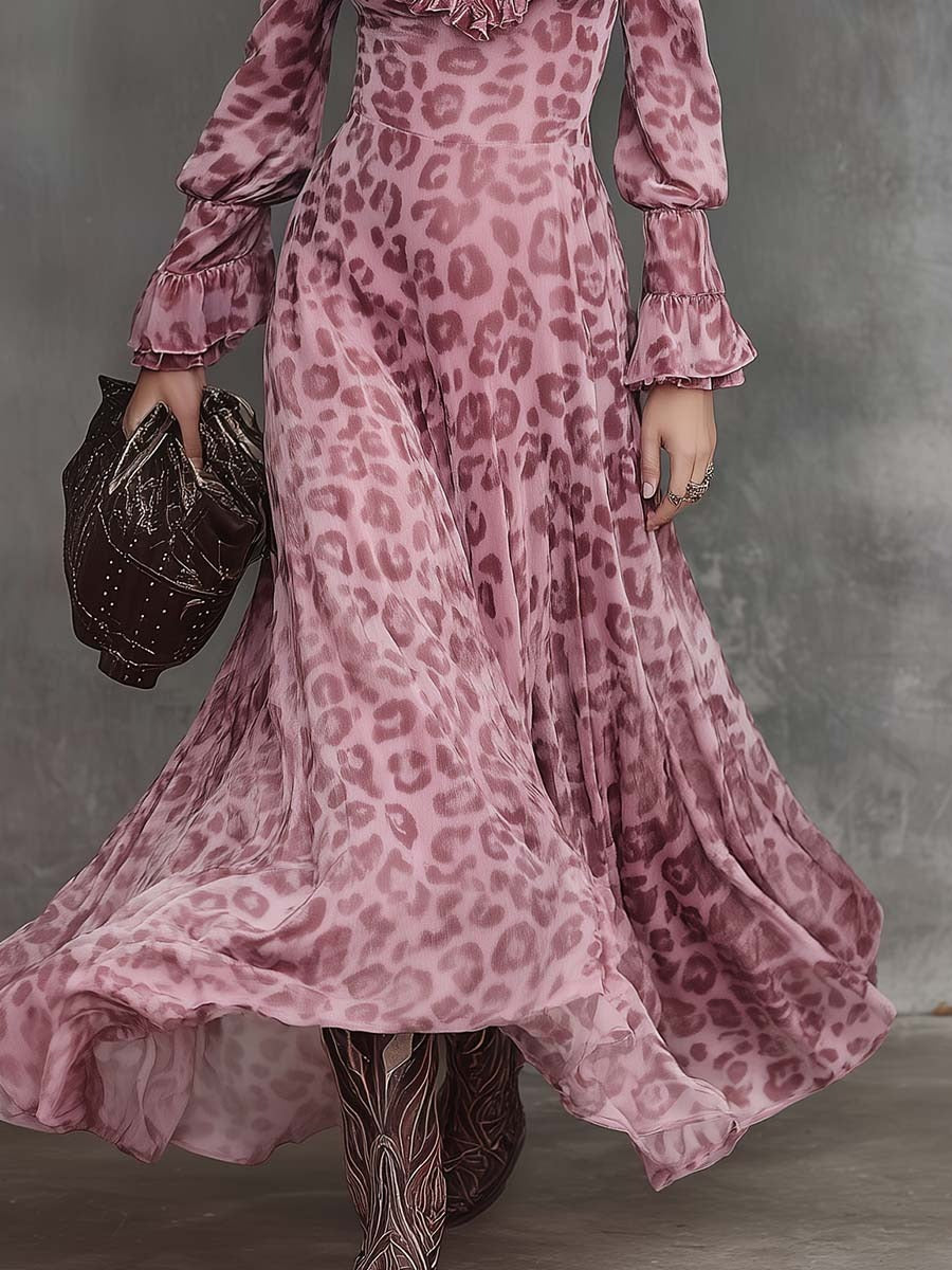 Retro Elegant Ruffled V-neck Puff Hem Pink Leopard Print Chiffon Maxi Dress