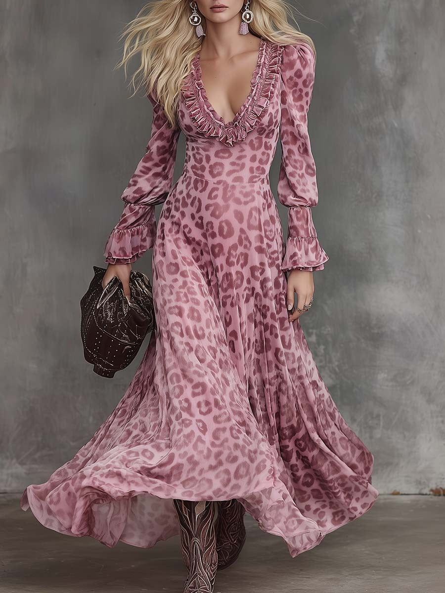 Retro Elegant Ruffled V-neck Puff Hem Pink Leopard Print Chiffon Maxi Dress