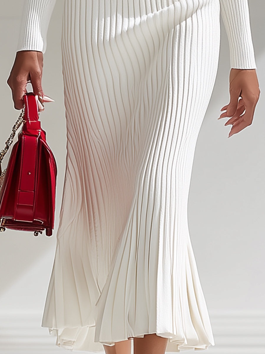 White Wool Lapel Button Design Maxi Dress