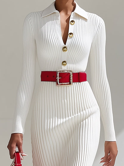 White Wool Lapel Button Design Maxi Dress