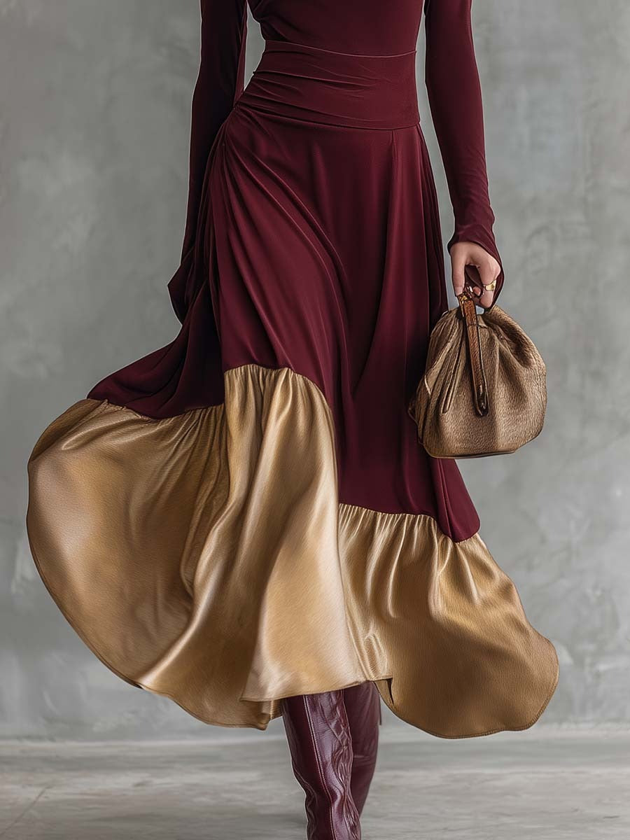 Elegant Retro Party Crew Neck Gold Satin Hem Burgundy Stretch Cotton Maxi Dress