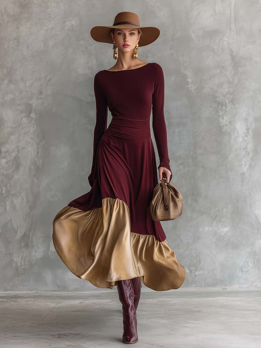 Elegant Retro Party Crew Neck Gold Satin Hem Burgundy Stretch Cotton Maxi Dress