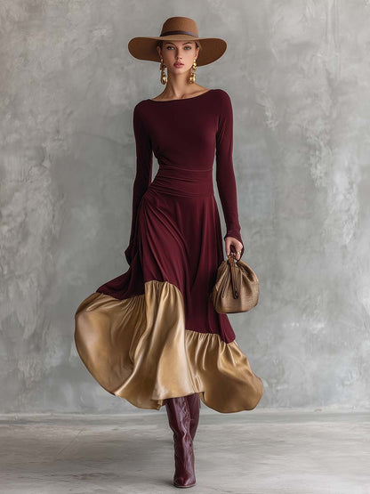 Elegant Retro Party Crew Neck Gold Satin Hem Burgundy Stretch Cotton Maxi Dress