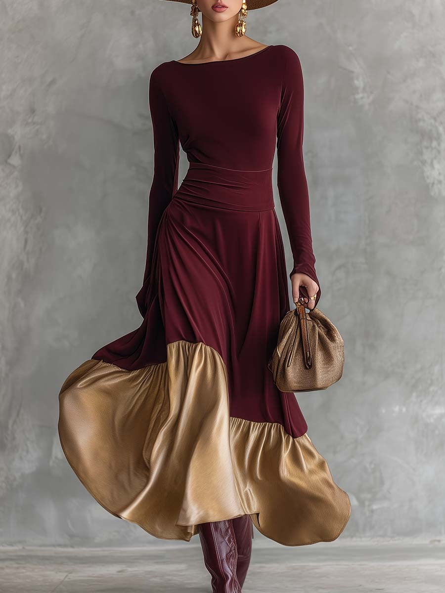 Elegant Retro Party Crew Neck Gold Satin Hem Burgundy Stretch Cotton Maxi Dress
