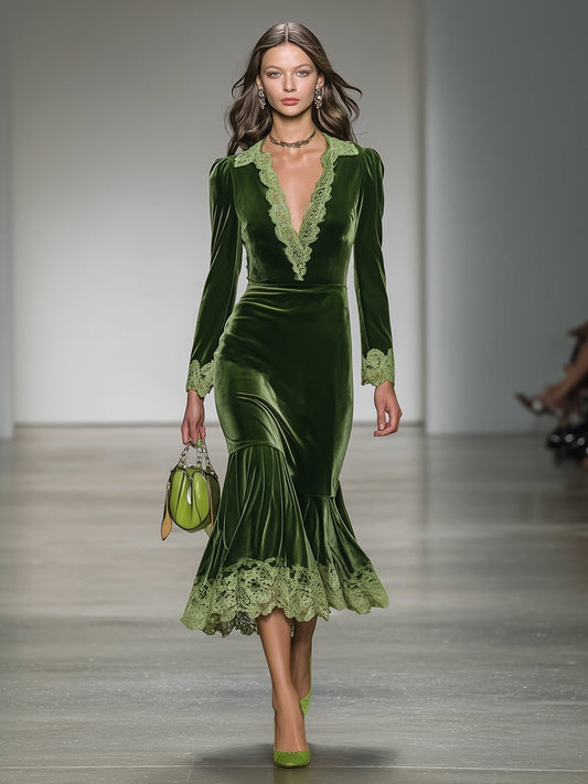 Elegant Green Velvet V-Neck Patchwork Lace Midi Dress