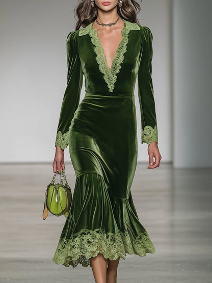 Elegant Green Velvet V-Neck Patchwork Lace Midi Dress