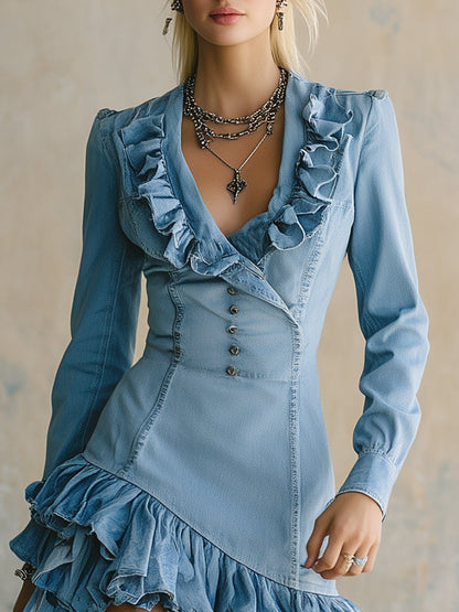 Retro Fashion Light Blue Denim Ruffle Midi Dress