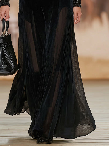 Stylish And Elegant Black Velvet And Chiffon V-neck Lace Maxi Dress