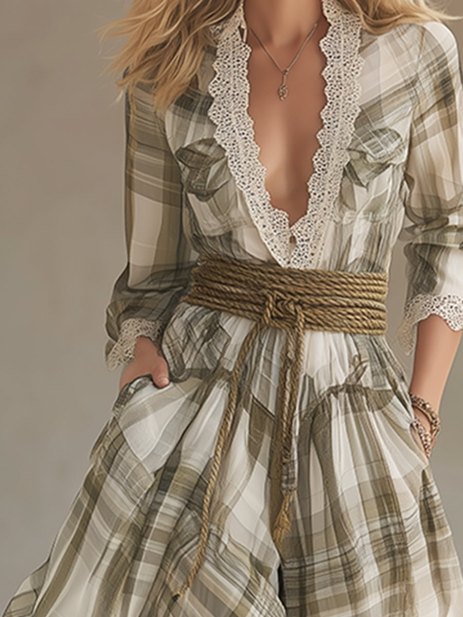 Retro-chic Pastoral Light Green Plaid Lace-trimmed Chiffon Maxi Dress