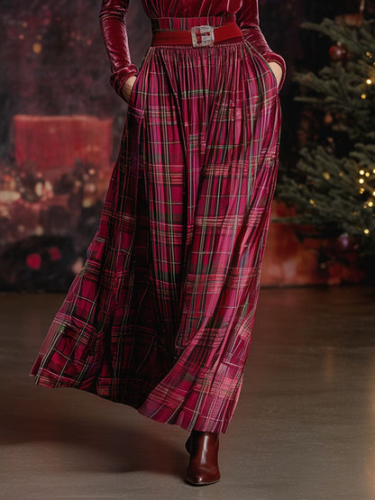 Festive Retro Red Velvet Turtleneck Plaid Skirt Set
