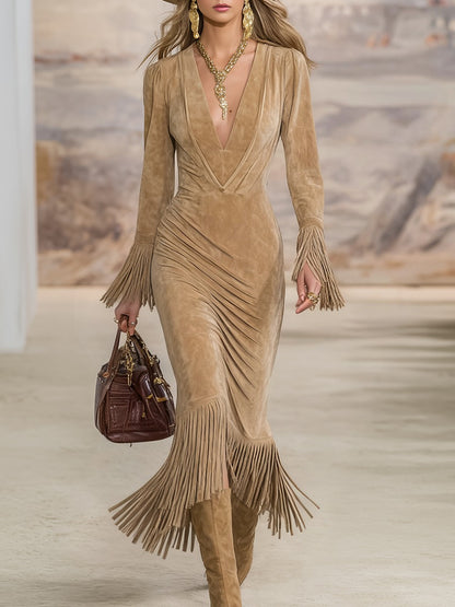 Retro Western Style V-neck Fringed Faux Suede Maxi Dress