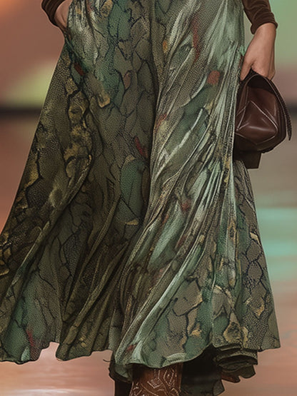 Western Retro Brown Faux Suede Fringed Top And Green Snakeskin Skirt Set