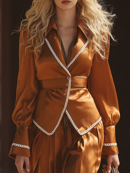 Romantic Bohemian White Ribbon Satin Shirt And Skirt Set