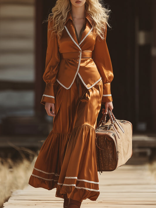 Romantic Bohemian White Ribbon Satin Shirt And Skirt Set