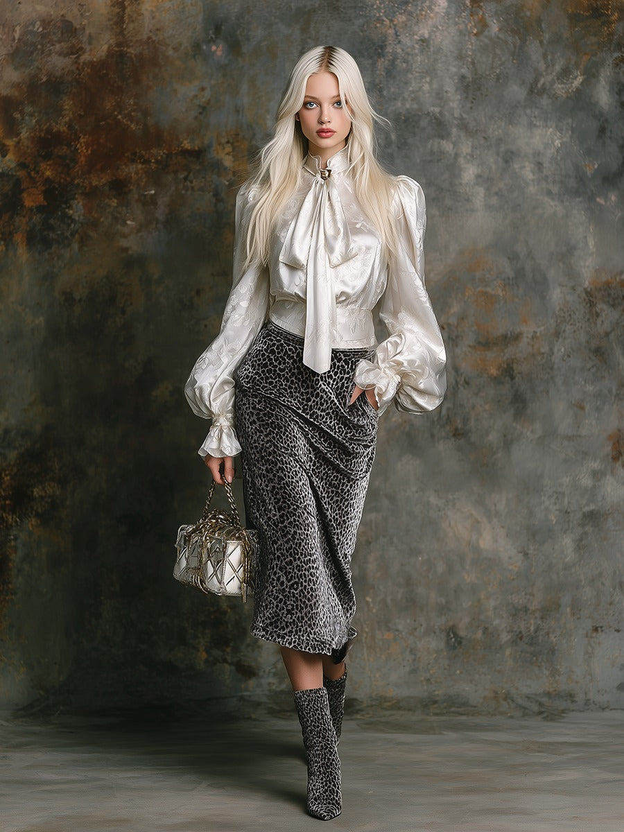 Elegant Retro Jacquard Satin Shirt And Leopard Print Velvet Skirt Set
