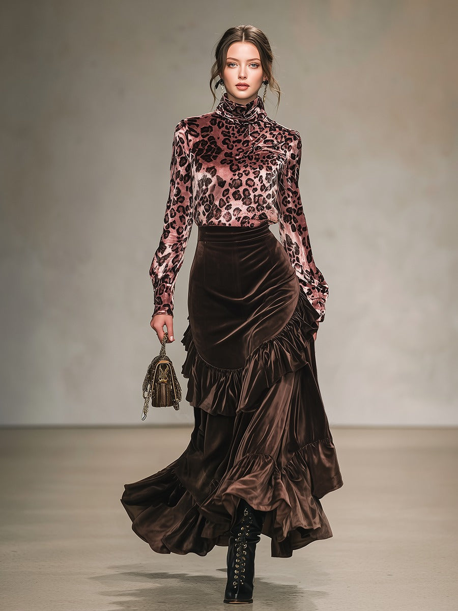 Vintage Leopard Print Stand-up Collar Velvet T-shirt And Ruffled Skirt Set