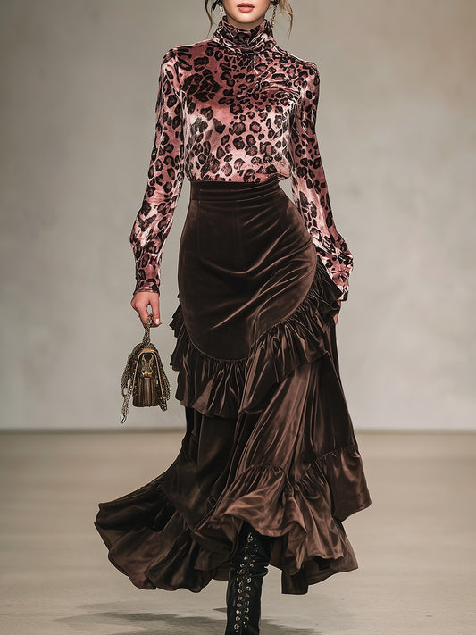 Vintage Leopard Print Stand-up Collar Velvet T-shirt And Ruffled Skirt Set