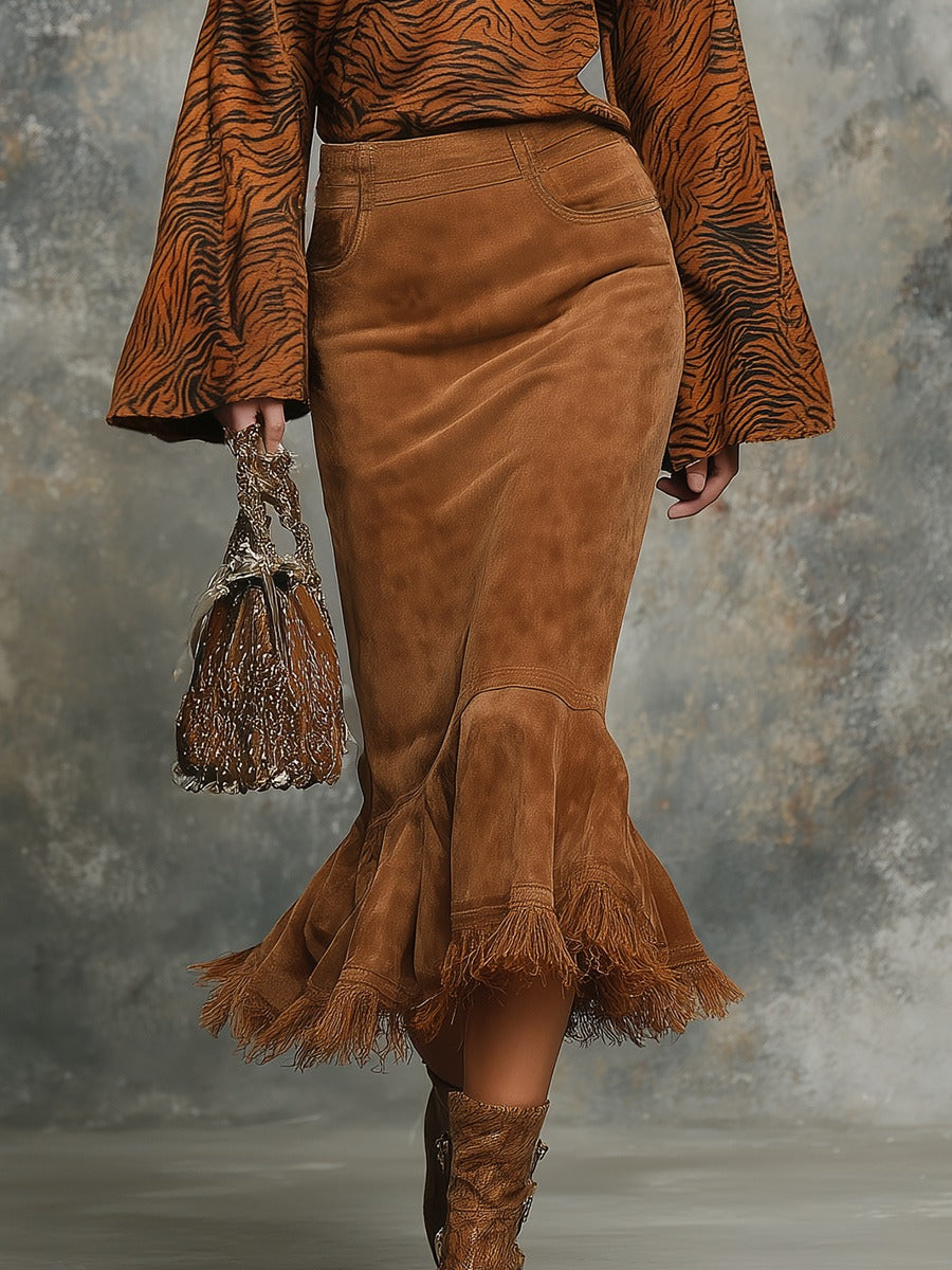 Trendy Retro Leopard Print Camel Velvet Long-sleeved Pleated Midi Dress