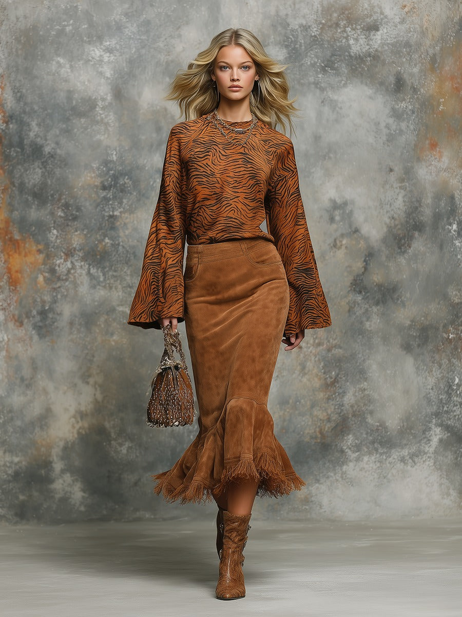 Trendy Retro Leopard Print Camel Velvet Long-sleeved Pleated Midi Dress