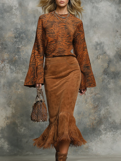 Trendy Retro Leopard Print Camel Velvet Long-sleeved Pleated Midi Dress
