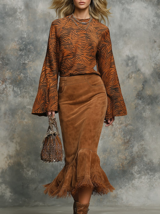 Trendy Retro Leopard Print Camel Velvet Long-sleeved Pleated Midi Dress