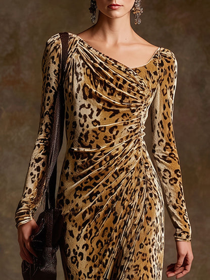 Trendy Retro Leopard Print Camel Velvet Long-sleeved Pleated Midi Dress