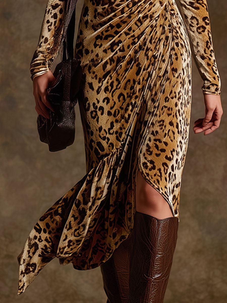 Trendy Retro Leopard Print Camel Velvet Long-sleeved Pleated Midi Dress