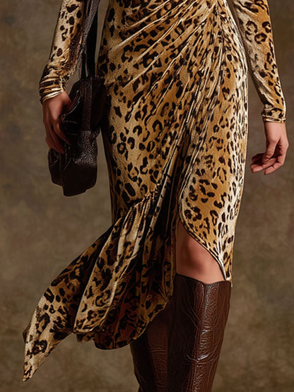 Trendy Retro Leopard Print Camel Velvet Long-sleeved Pleated Midi Dress