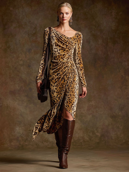 Trendy Retro Leopard Print Camel Velvet Long-sleeved Pleated Midi Dress