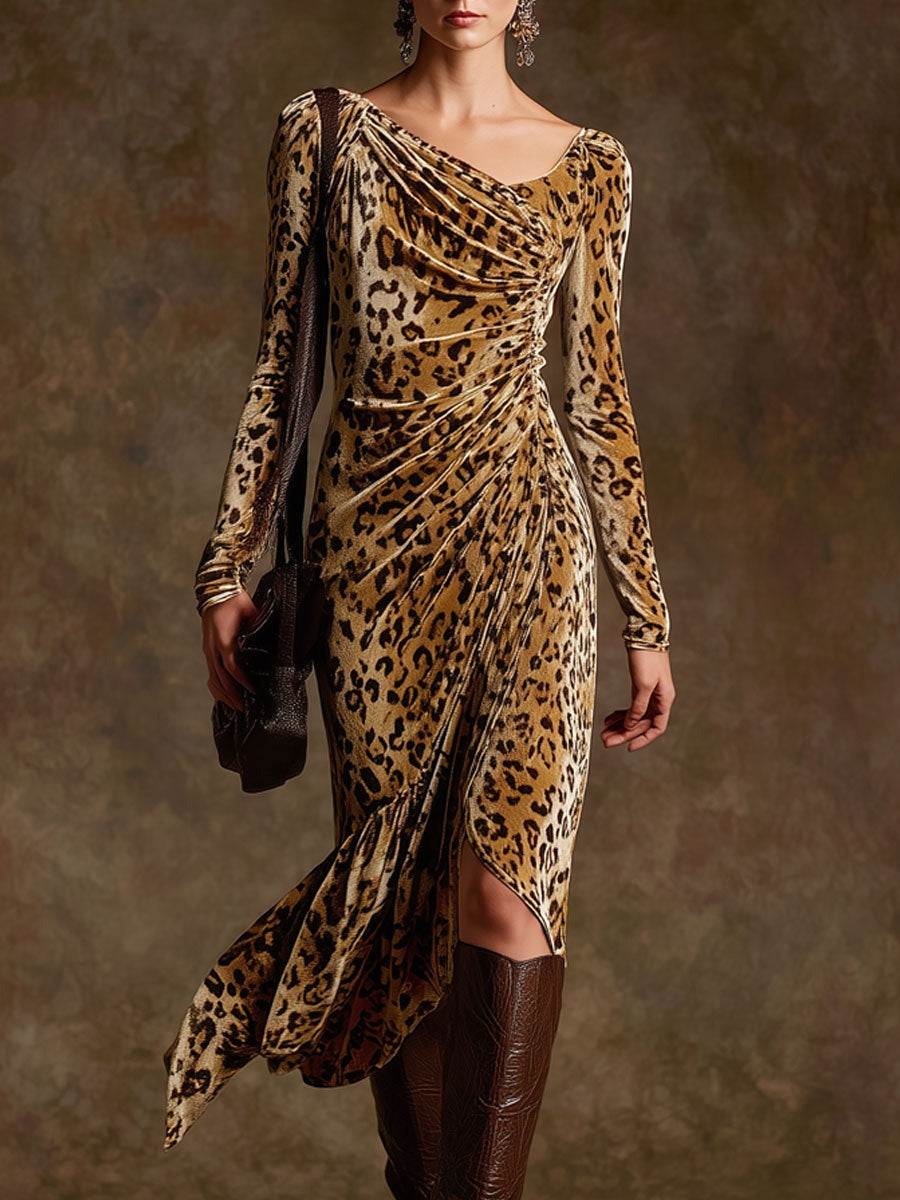 Trendy Retro Leopard Print Camel Velvet Long-sleeved Pleated Midi Dress