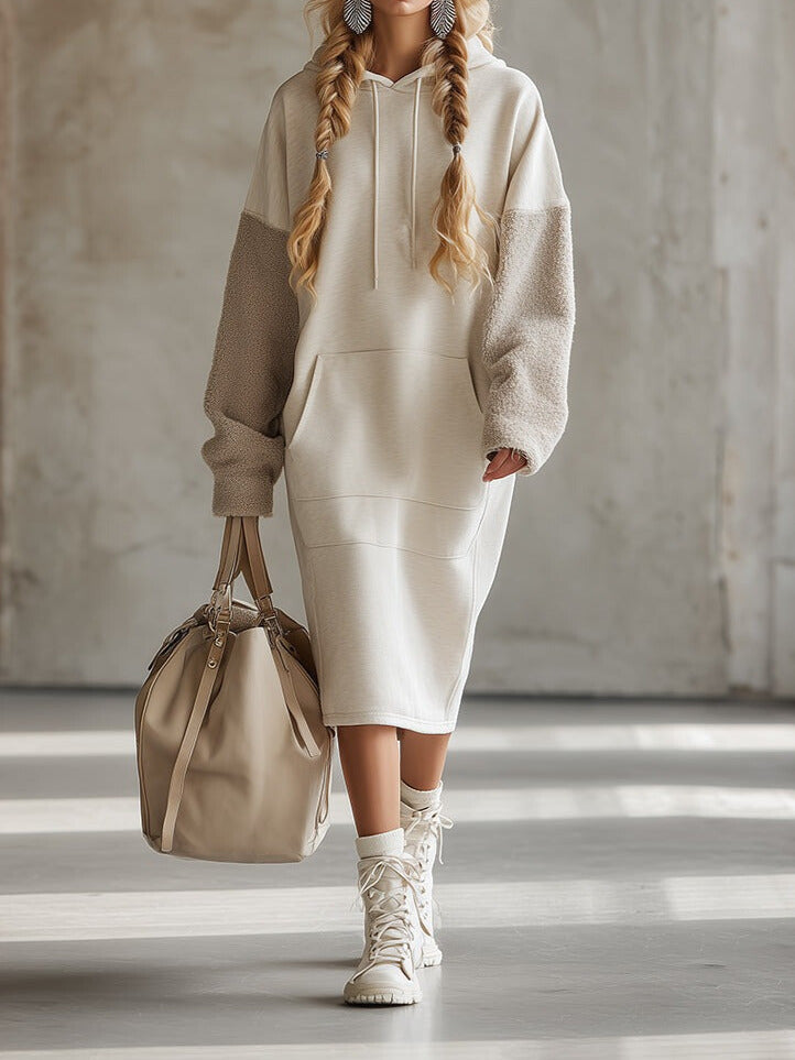 Fashionable Loose Hooded Polar Fleece Sleeve Beige Sweatshirt Midi Dress