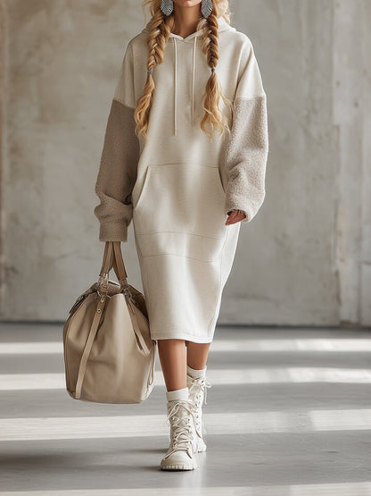 Fashionable Loose Hooded Polar Fleece Sleeve Beige Sweatshirt Midi Dress