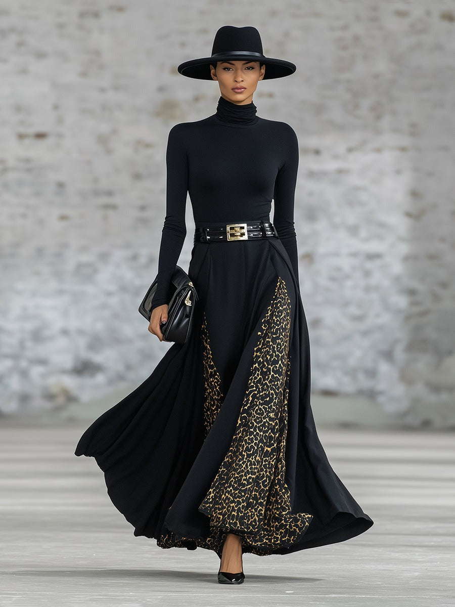 Elegant Black Turtleneck With Leopard Print Trim Maxi Dress