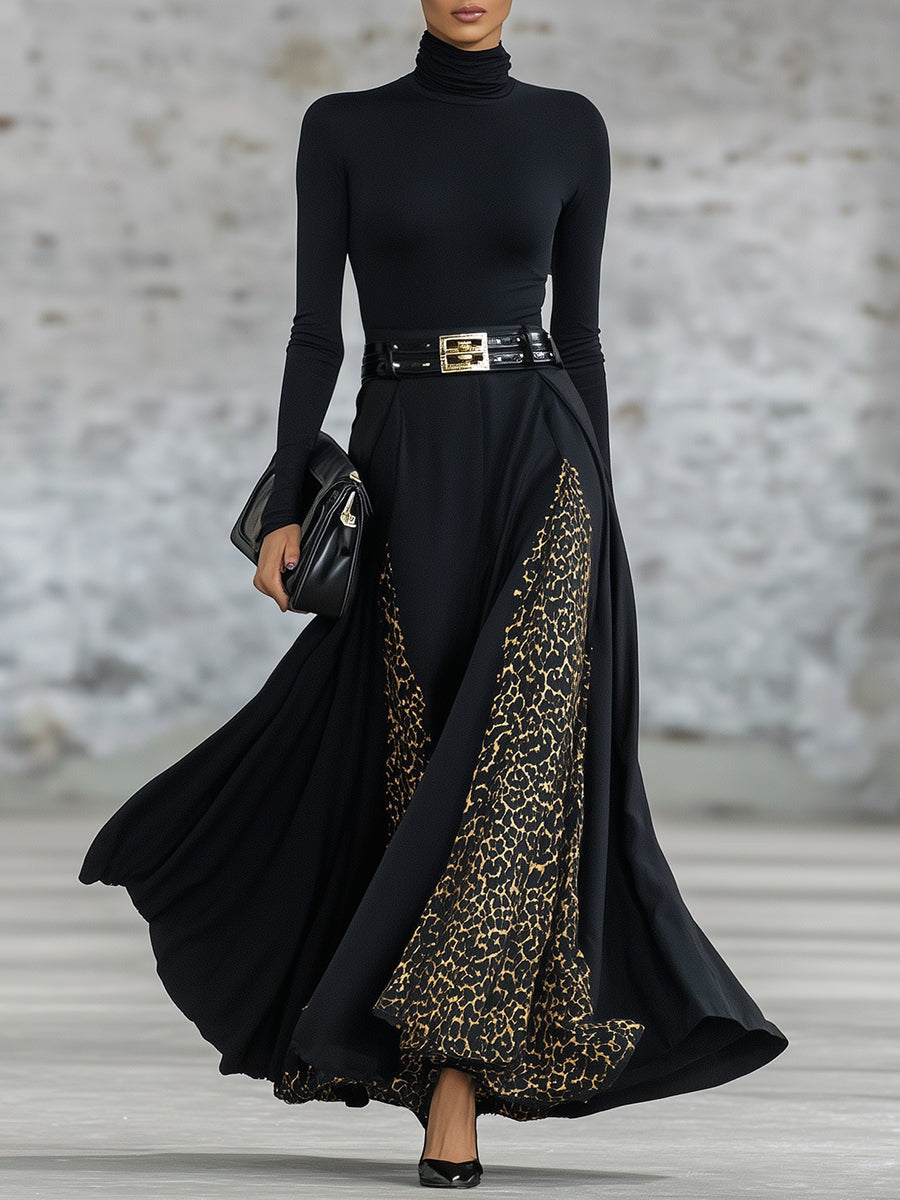 Elegant Black Turtleneck With Leopard Print Trim Maxi Dress