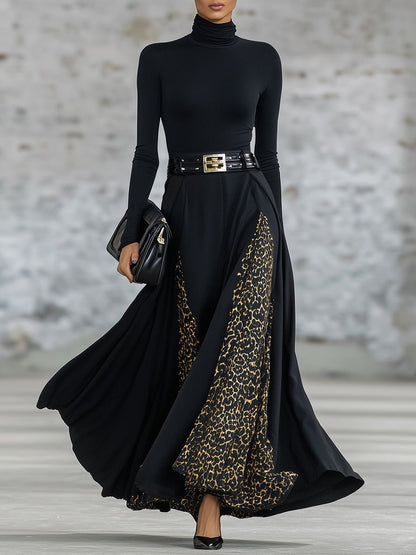Elegant Black Turtleneck With Leopard Print Trim Maxi Dress