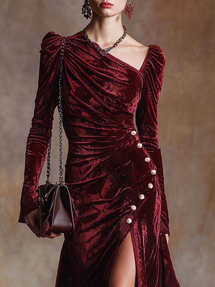 Chic Retro Burgundy Diamond Velvet Long-Sleeved Pleated Midi Dress