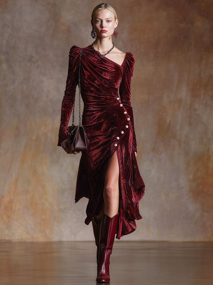 Chic Retro Burgundy Diamond Velvet Long-Sleeved Pleated Midi Dress