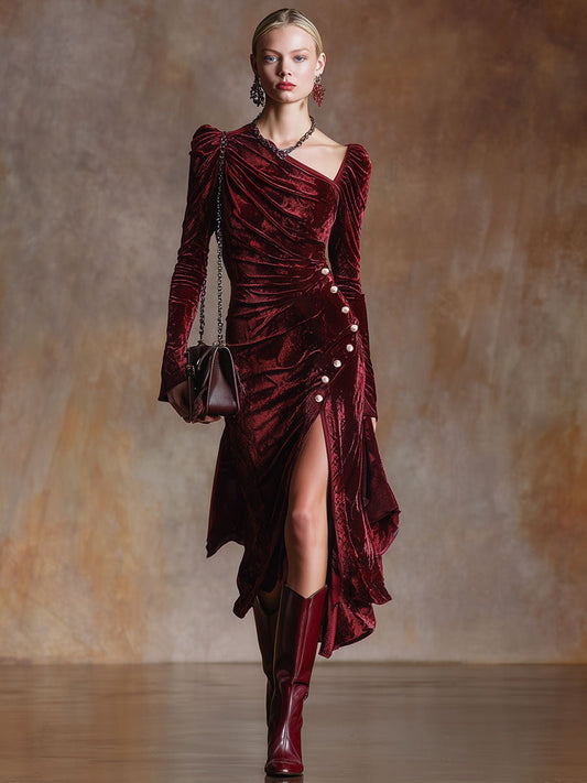 Chic Retro Burgundy Diamond Velvet Long-Sleeved Pleated Midi Dress