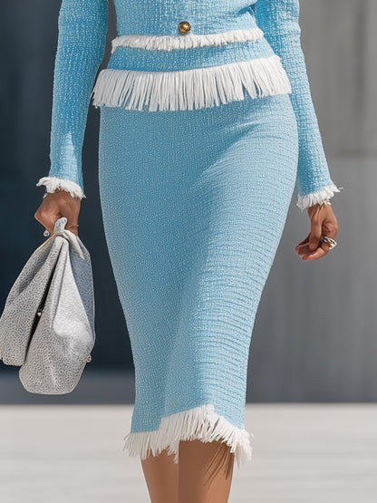 Elegant Vintage Gold Button Tassel Tweed Top And Skirt Set