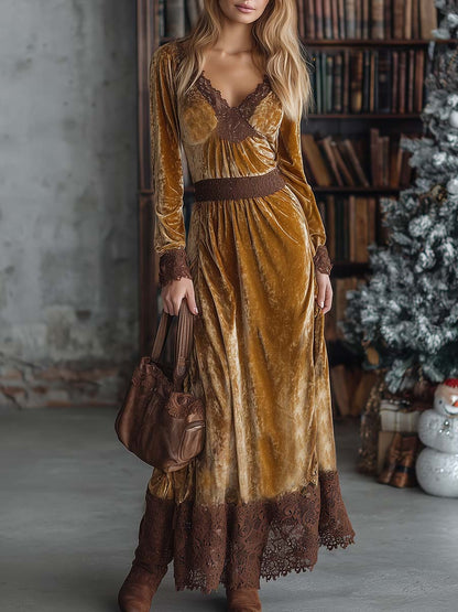 Vintage Elegance Exquisite Brown Lace V-neck And Hem Gold Velvet Maxi Dress